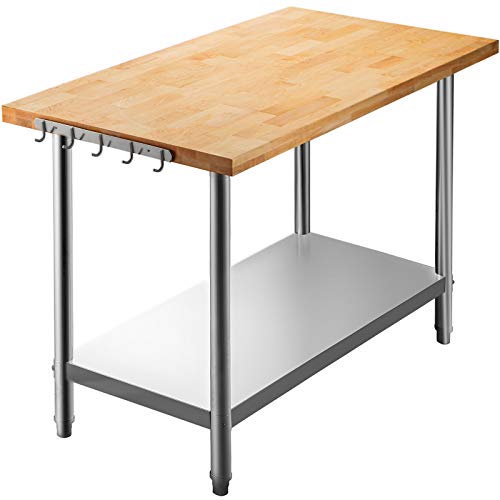 VEVOR Maple Top Work Table, 48x24 Inches, Stainless Steel Wood Kitchen Prep Table with 937 LBS Load Bearing, Kitchen Island Table with Lower Shelf and Adjustable Feet, Outdoor Prep Table for Kitchen