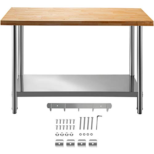 VEVOR Maple Top Work Table, 48x24 Inches, Stainless Steel Wood Kitchen Prep Table with 937 LBS Load Bearing, Kitchen Island Table with Lower Shelf and Adjustable Feet, Outdoor Prep Table for Kitchen