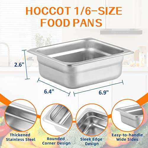 HOCCOT 6 Pack Pans 1/6 Size 2.6" Deep, 304 Stainless Steel, Commercial Hotel Pan, Steam Table Pan, Catering Food Pan