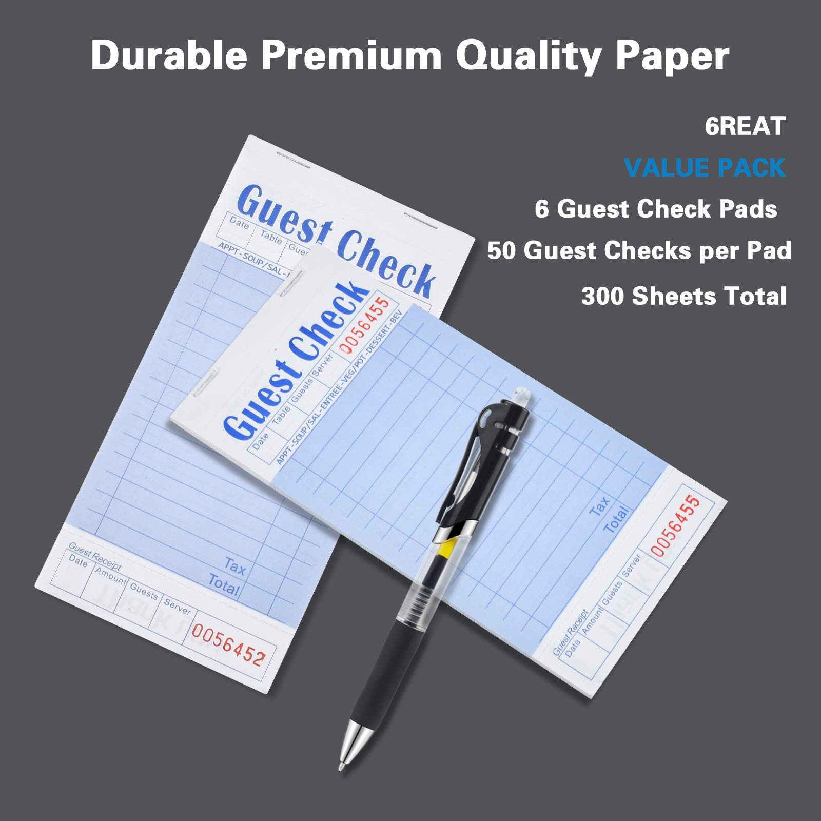 Guest Check Book, Server Note Pads and Waitress Order Pads, 50 Checks Per Book for Total 300 Guest Checks, 3.5" x 6.75" (300)