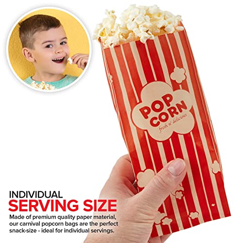 1 oz Paper Popcorn Bags Bulk (100 Pack) Small Kraft & Red Pop-corn Bag Disposable for Carnival Themed Party, Movie Night, Halloween, Popcorn Machine Accessories & Supplies, Individual Servings