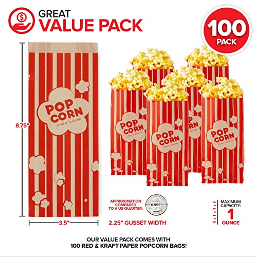 1 oz Paper Popcorn Bags Bulk (100 Pack) Small Kraft & Red Pop-corn Bag Disposable for Carnival Themed Party, Movie Night, Halloween, Popcorn Machine Accessories & Supplies, Individual Servings
