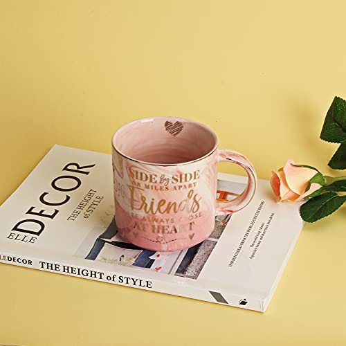 Long Distance Best Friend Birthday Gifts for Women - Funny Friendship Gift - Gifts for BFF, Bestfriend, Besties, Sister, Her - Side By Side Or Miles Apart - Cute Pink Marble Mug, 11.5oz Coffee Cup