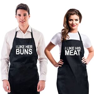 funny couple aprons (2 pack) & gift bag - i like her buns, i like his meat, kitchen couple apron for girlfriend, boyfriend, best friend - birthday, engagement, anniversary, wedding gift idea - forkit