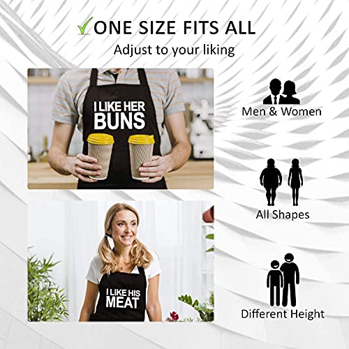 Funny Couple Aprons (2 Pack) & Gift Bag - I Like her Buns, I Like His Meat, Kitchen Couple Apron for Girlfriend, Boyfriend, Best Friend - Birthday, Engagement, Anniversary, Wedding Gift Idea - Forkit