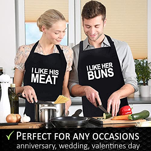 Funny Couple Aprons (2 Pack) & Gift Bag - I Like her Buns, I Like His Meat, Kitchen Couple Apron for Girlfriend, Boyfriend, Best Friend - Birthday, Engagement, Anniversary, Wedding Gift Idea - Forkit