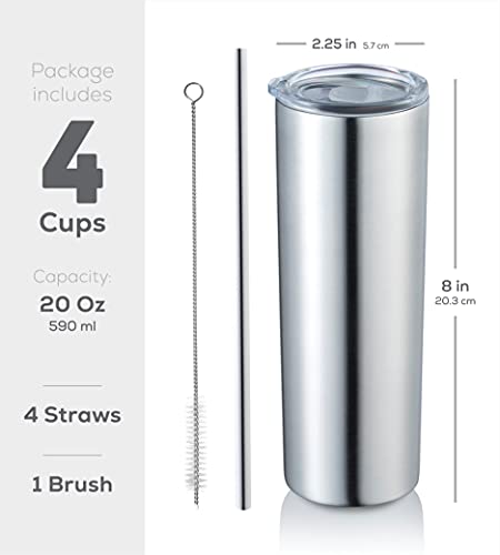 Insulated Skinny Stainless Steel Tumbler Set - 4-Pack 20oz Coffee Tumbler with Straw - Travel Coffee Mug With PBA Free Lids - Slim Vacuum Insulated Tumblers Keep Hot and Cold - Great for Home, Office.