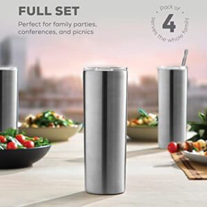 Insulated Skinny Stainless Steel Tumbler Set - 4-Pack 20oz Coffee Tumbler with Straw - Travel Coffee Mug With PBA Free Lids - Slim Vacuum Insulated Tumblers Keep Hot and Cold - Great for Home, Office.