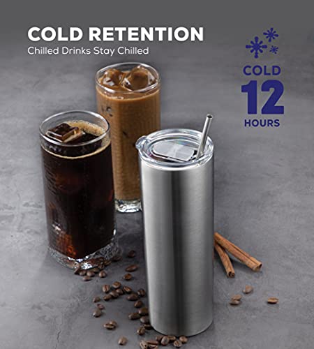 Insulated Skinny Stainless Steel Tumbler Set - 4-Pack 20oz Coffee Tumbler with Straw - Travel Coffee Mug With PBA Free Lids - Slim Vacuum Insulated Tumblers Keep Hot and Cold - Great for Home, Office.