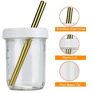 Pckydo Bubble Tea Cups 2 pack, Reusable Wide Mouth Smoothie Cups, Iced Coffee Cups With White Lids and Gold Straws Mason Jars Glass Cups, Travel Glass Drinking Bottle (16oz, Gold Straws)