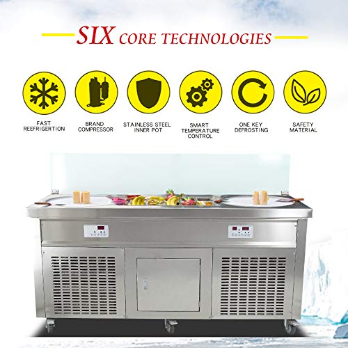 Commercial 22'' Double Round Pans + 10 pcs Refrigerated Tanks Fried Ice Cream Rolled Machine, Gelato Fry Frozen Yogurt Ice Cream Maker for Street Snack Food, Kitchen, Cafe Shop, Bar (ETL Certificate)