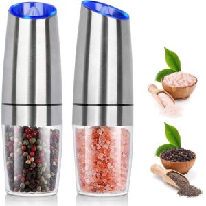 salt and pepper grinder electric gravity grinder, refillable automatic one-hand operated pepper and salt mill set with adjustable coarseness and led light, battery-operated 2 pack