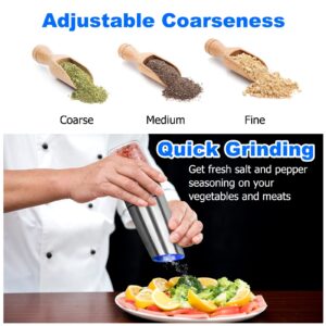 Salt and Pepper Grinder Electric Gravity Grinder, Refillable Automatic One-Hand Operated Pepper and Salt Mill Set with Adjustable Coarseness and LED light, Battery-Operated 2 Pack