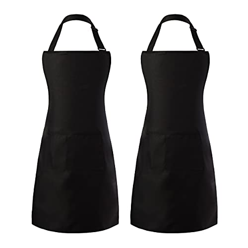 Tosewever 2 Pack Adjustable Bib Apron, Waterdrop Resistant Aprons with 2 Pockets Cooking Kitchen Restaurant Aprons for Women Men Chef, BBQ Drawing Crafting Outdoors (Polyester-Black, 2)