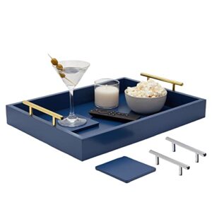 blue serving tray for coffee table, 16x12 with coasters, decorative interchangeable gold and silver handles