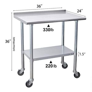 Nisorpa Stainless Steel Work Table with Caster Wheel 36" x 24" x 36" Kitchen Work Table Stainless Steel Commercial Kitchen Prep & Work Table w/Backsplash for Restaurant Home and Hotel