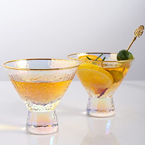 Lysenn Iridescent Stemless Martini Glasses Set of 2 - Premium Hammered Cocktail Glasses for Weddings, Anniversary, Christmas, Party - 7.7oz Gold Rim