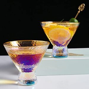 Lysenn Iridescent Stemless Martini Glasses Set of 2 - Premium Hammered Cocktail Glasses for Weddings, Anniversary, Christmas, Party - 7.7oz Gold Rim