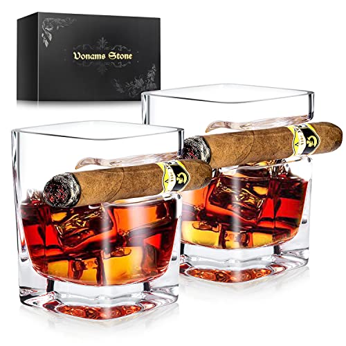 Vonams Stone Cigar Whiskey Glasses Set of 2-12oz Old Fashioned Glass With Side Mounted Holder Rest - Crystal Wine Cup for Cocktails, Scotch, Bourbon, Gifts for Men