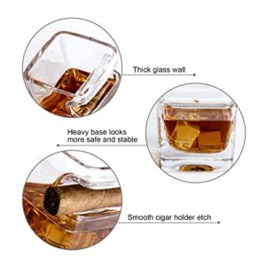 Vonams Stone Cigar Whiskey Glasses Set of 2-12oz Old Fashioned Glass With Side Mounted Holder Rest - Crystal Wine Cup for Cocktails, Scotch, Bourbon, Gifts for Men