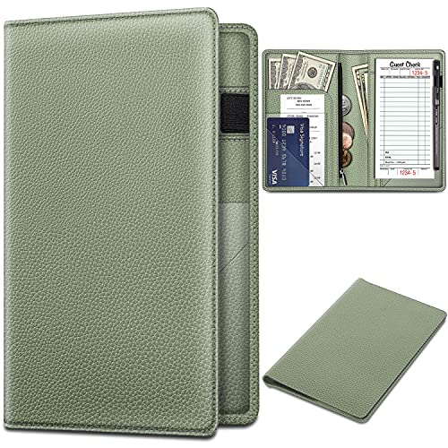 Fintie Server Book Organizer with Zipper Pocket, PU Leather Restaurant Guest Check Presenters Card Holder for Waitress, Waiter, Bartender (Sage Green)