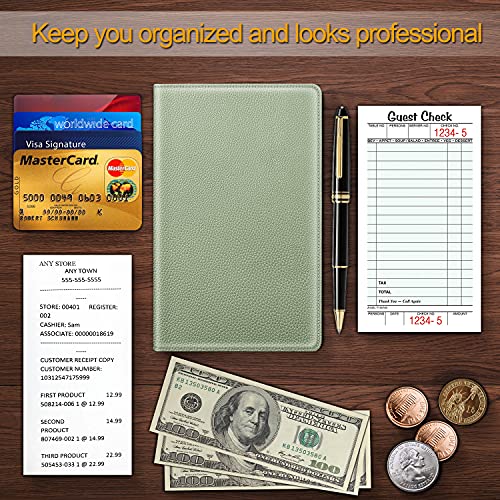 Fintie Server Book Organizer with Zipper Pocket, PU Leather Restaurant Guest Check Presenters Card Holder for Waitress, Waiter, Bartender (Sage Green)