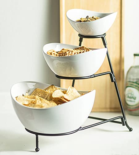 YHOSSEUN 3 Tier Serving Stand Tiered Oval Bowl Stand with 3 Oval Porcelain Serving Bowl Set with Collapsible Thicker Sturdier Metal Rack (Black)