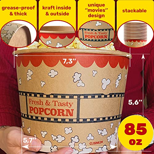 CUSINIUM [85 oz] 25-pack Kraft Popcorn Buckets - Large Popcorn Tubs