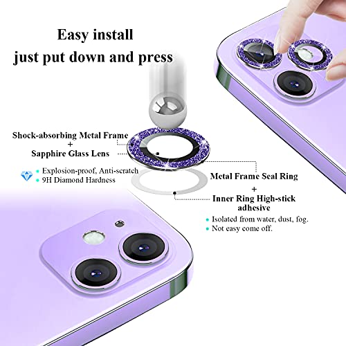 JOLOJO Bling Camera Lens Protector Compatible for iPhone 12(6.1")/12 Mini(5.4")/11(6.1") Ultra Thin/Clear Full Cover Metal Giltter Ring Anti-Scratch Tempered Glass Screen Protector - Purple Diamond