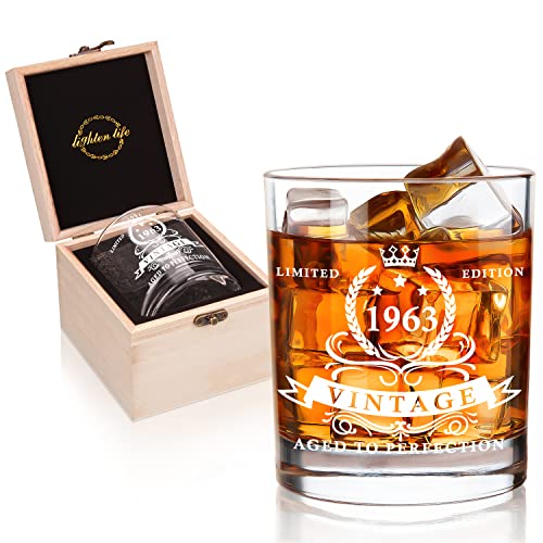 LIGHTEN LIFE 60th Birthday Gifts for Men 12 oz,1963 Whiskey Glass in Valued Wooden Box,Whiskey Bourbon Glass for 60 Years Old Dad,Husband,Friend,60th Bday Gift Ideas,60th Birthday Decorations for Men