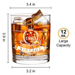 LIGHTEN LIFE 60th Birthday Gifts for Men 12 oz,1963 Whiskey Glass in Valued Wooden Box,Whiskey Bourbon Glass for 60 Years Old Dad,Husband,Friend,60th Bday Gift Ideas,60th Birthday Decorations for Men