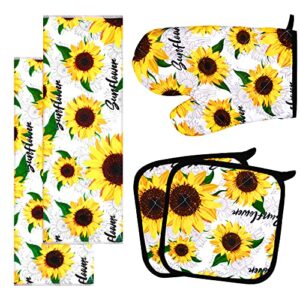 ruodon 5 pack yellow sunflower dish towels oven mitts and potholders gloves-oven mitts sunflower dish cloths linen set for home cleaning daily kitchen