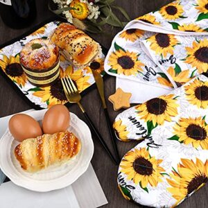 RUODON 5 Pack Yellow Sunflower Dish Towels Oven Mitts and Potholders Gloves-Oven Mitts Sunflower Dish Cloths Linen Set for Home Cleaning Daily Kitchen