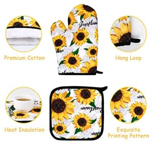 RUODON 5 Pack Yellow Sunflower Dish Towels Oven Mitts and Potholders Gloves-Oven Mitts Sunflower Dish Cloths Linen Set for Home Cleaning Daily Kitchen