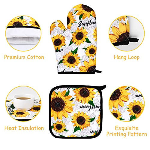 RUODON 5 Pack Yellow Sunflower Dish Towels Oven Mitts and Potholders Gloves-Oven Mitts Sunflower Dish Cloths Linen Set for Home Cleaning Daily Kitchen