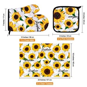 RUODON 5 Pack Yellow Sunflower Dish Towels Oven Mitts and Potholders Gloves-Oven Mitts Sunflower Dish Cloths Linen Set for Home Cleaning Daily Kitchen