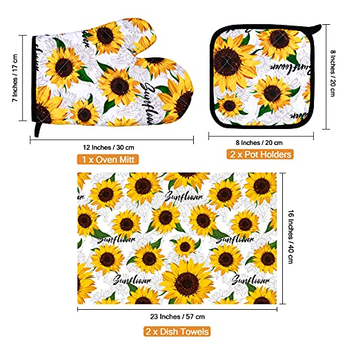 RUODON 5 Pack Yellow Sunflower Dish Towels Oven Mitts and Potholders Gloves-Oven Mitts Sunflower Dish Cloths Linen Set for Home Cleaning Daily Kitchen