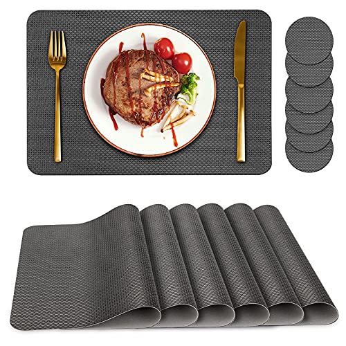 Placemats Set of 6, Placemat with Coasters Heat Stain Scratch Resistant Non-Slip Waterproof Oil-Proof Washable Wipeable Outdoor Indoor for Dining Patio Table Kitchen Decor and Kids，（Grey 6）