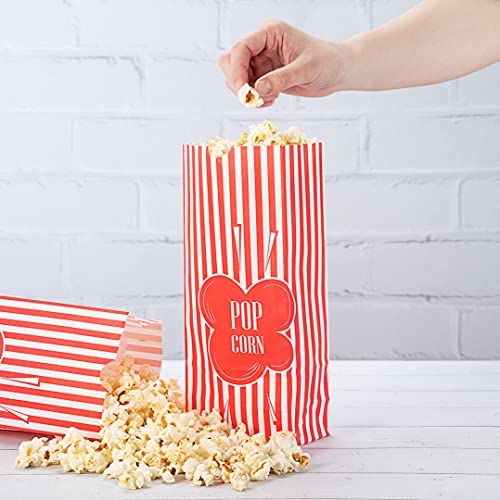 Restaurantware Bag Tek 1 Ounce Popcorn Bags, 100 Disposable Paper Popcorn Bags - Greaseproof, Striped, Red Paper Concession Popcorn Bags, For Movie Nights, Theaters, Carnivals, & More