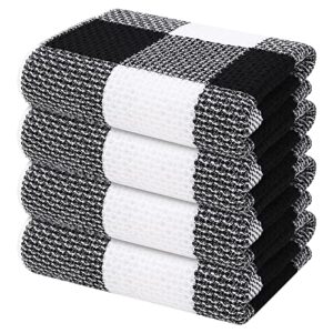 mordimy 100% cotton waffle weave kitchen towels, 13 x 28 inches, super soft and absorbent buffalo check dish towels for drying dishes, 4-pack, black & white