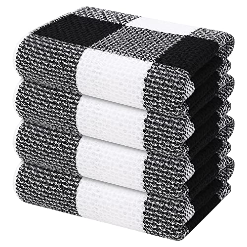 Mordimy 100% Cotton Waffle Weave Kitchen Towels, 13 x 28 Inches, Super Soft and Absorbent Buffalo Check Dish Towels for Drying Dishes, 4-Pack, Black & White