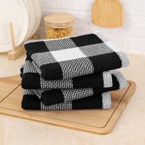 Mordimy 100% Cotton Waffle Weave Kitchen Towels, 13 x 28 Inches, Super Soft and Absorbent Buffalo Check Dish Towels for Drying Dishes, 4-Pack, Black & White