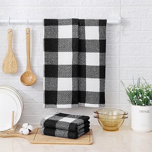 Mordimy 100% Cotton Waffle Weave Kitchen Towels, 13 x 28 Inches, Super Soft and Absorbent Buffalo Check Dish Towels for Drying Dishes, 4-Pack, Black & White