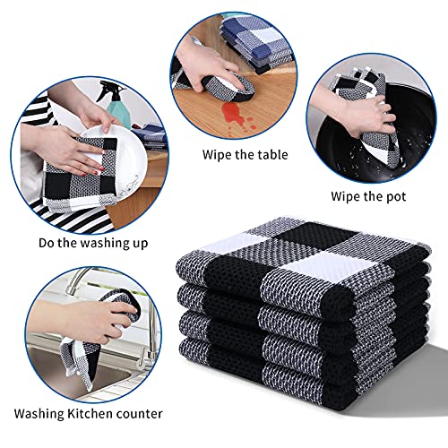 Mordimy 100% Cotton Waffle Weave Kitchen Towels, 13 x 28 Inches, Super Soft and Absorbent Buffalo Check Dish Towels for Drying Dishes, 4-Pack, Black & White