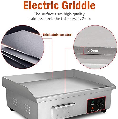 110V 3000W 22" Commercial Electric Countertop Griddle Stainless Steel BBQ Flat Top Grill Hot Plate, Adjustable Thermostatic Control 122°F-572°F, Stainless Steel Restaurant Grill for Kitchen