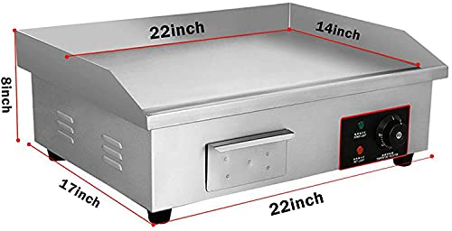 110V 3000W 22" Commercial Electric Countertop Griddle Stainless Steel BBQ Flat Top Grill Hot Plate, Adjustable Thermostatic Control 122°F-572°F, Stainless Steel Restaurant Grill for Kitchen