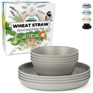 grow forward premium wheat straw plates and bowls sets - 8 unbreakable microwave safe dishes - reusable wheat straw dinnerware sets - plastic plates and bowls alternative for camping, rv - feather