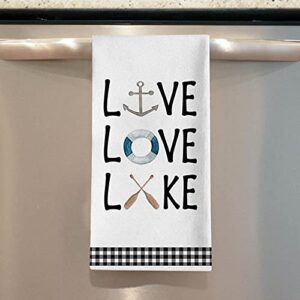 Seliem Live Love Lake House Kitchen Dish Towel Set of 2, Black White Buffalo Plaid Check Anchor Paddle Tea Bar Hand Drying Cloth, Spring Summer Farmhouse Happy Hour Decor Sign Home Decorations 18 x 28