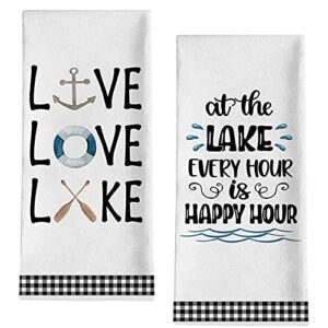 seliem live love lake house kitchen dish towel set of 2, black white buffalo plaid check anchor paddle tea bar hand drying cloth, spring summer farmhouse happy hour decor sign home decorations 18 x 28