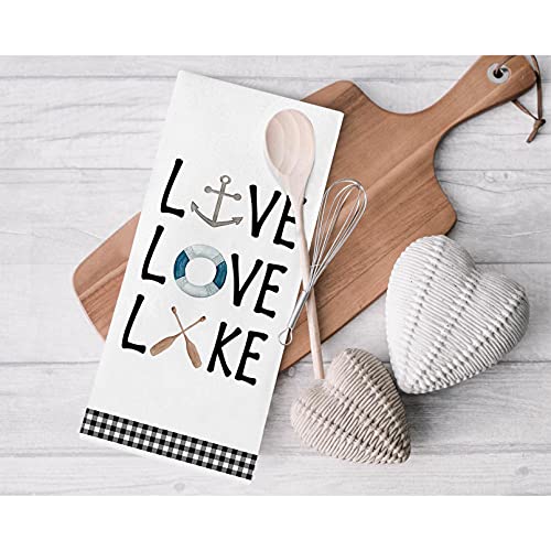 Seliem Live Love Lake House Kitchen Dish Towel Set of 2, Black White Buffalo Plaid Check Anchor Paddle Tea Bar Hand Drying Cloth, Spring Summer Farmhouse Happy Hour Decor Sign Home Decorations 18 x 28